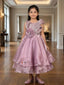 Onion Pink Sequin & 3D Rosette Layered Organza Gown