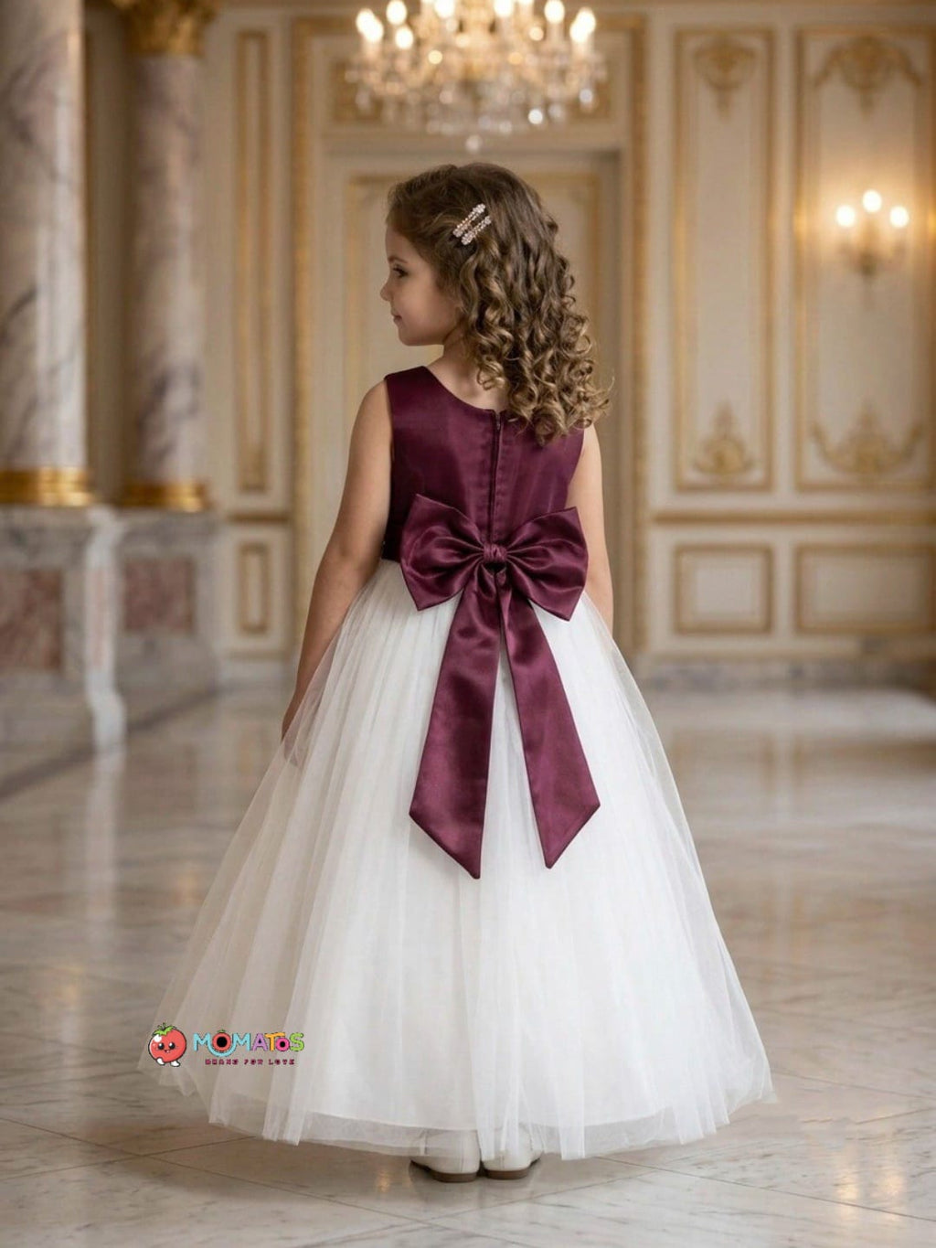 Wine & Off-White 3D Floral Net Ball Gown