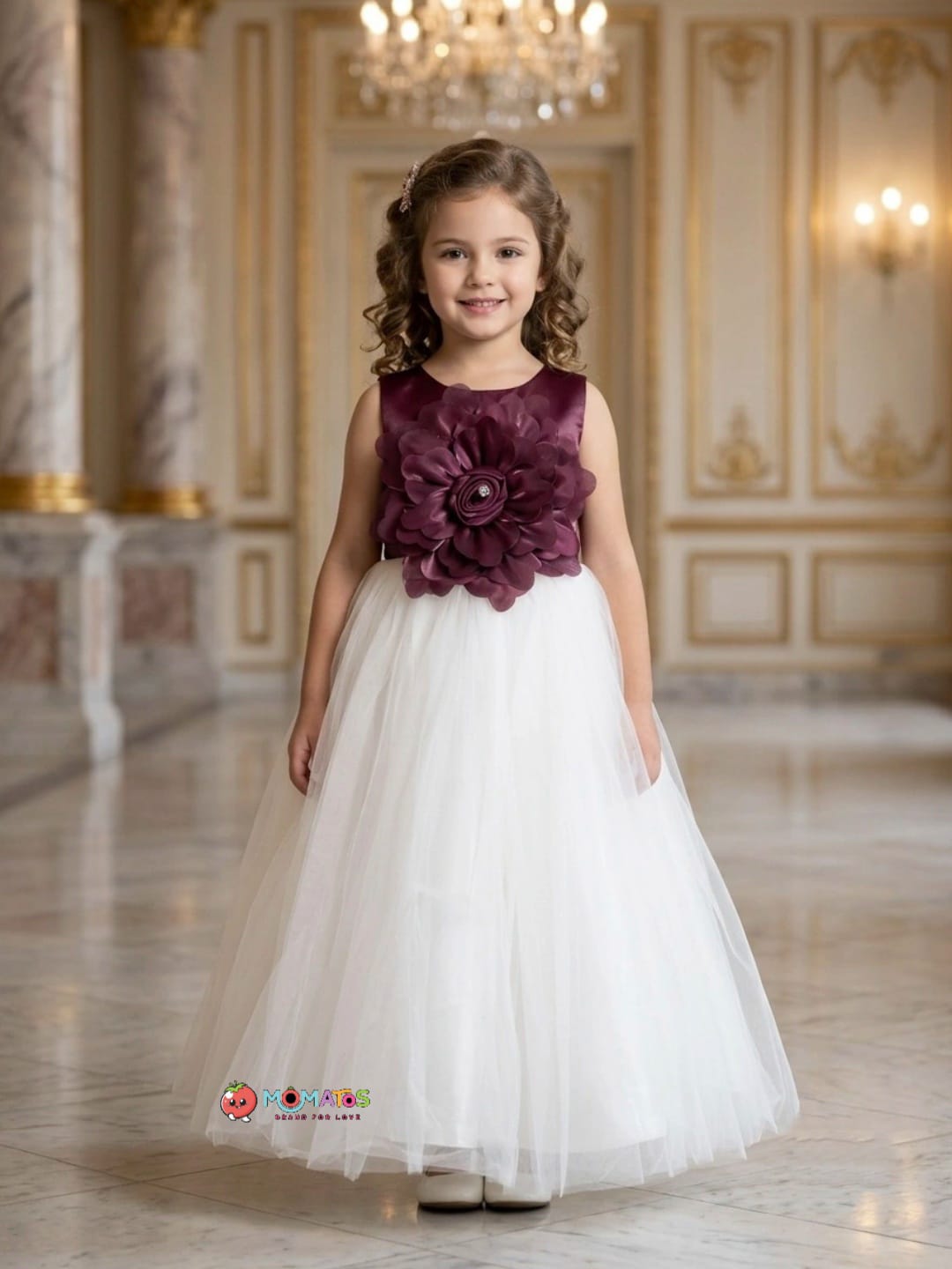 Wine & Off-White 3D Floral Net Ball Gown Main image