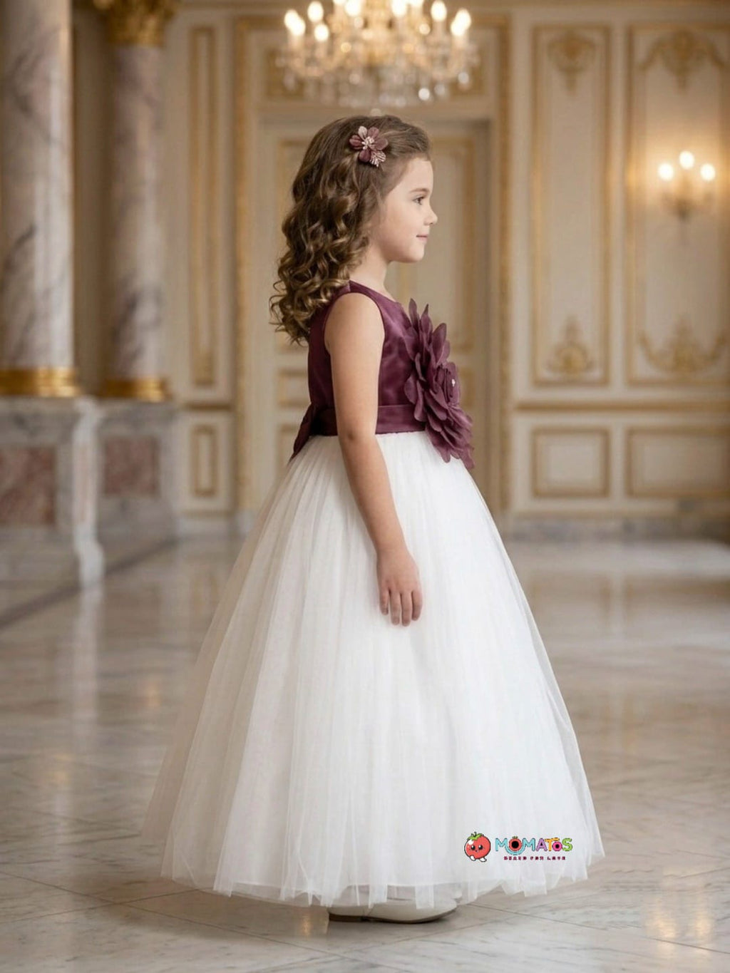 Wine & Off-White 3D Floral Net Ball Gown