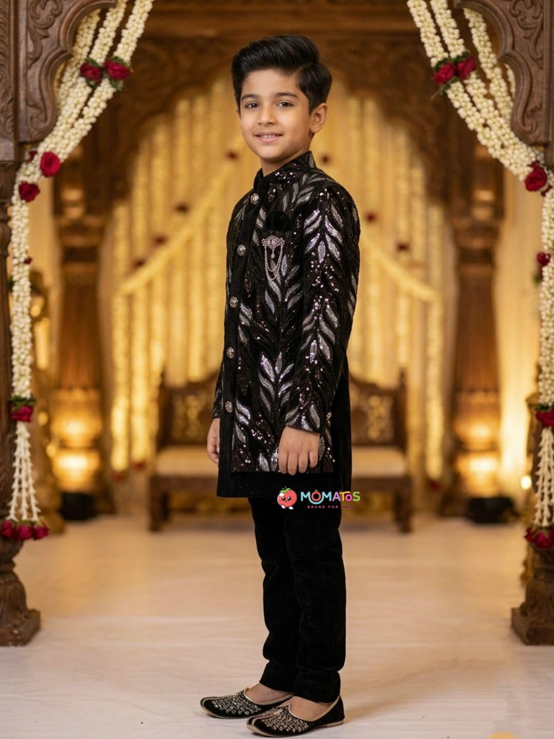 Midnight Black Silver Leaf Embroidered Open-Jacket Sherwani Set Secondary image
