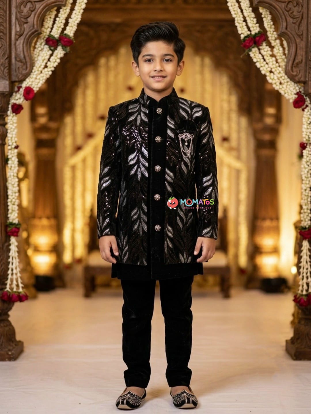 Midnight Black Silver Leaf Embroidered Open-Jacket Sherwani Set Main image