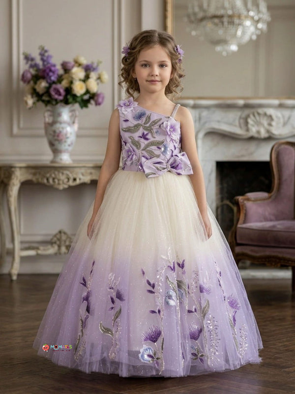 Lavender Purple Ombre 3D Floral Vine Party Gown
