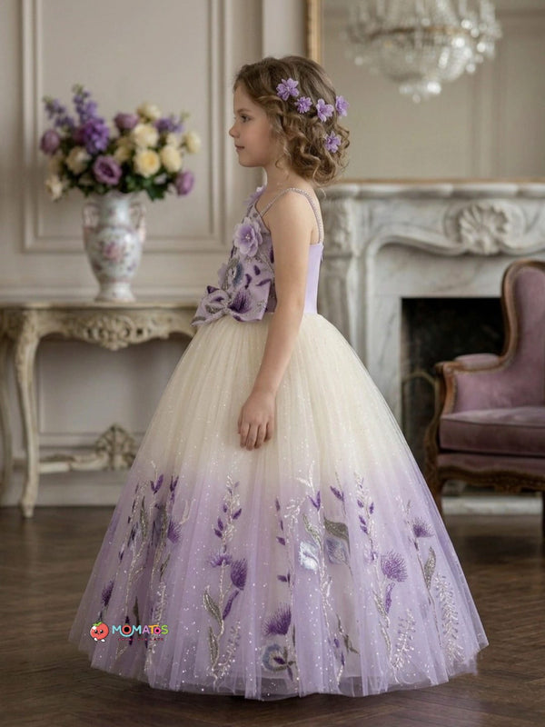 Lavender Purple Ombre 3D Floral Vine Party Gown