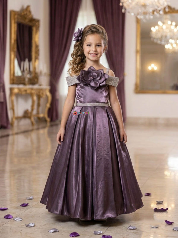 Purple 3D Floral Cold-Shoulder Satin Ball Gown