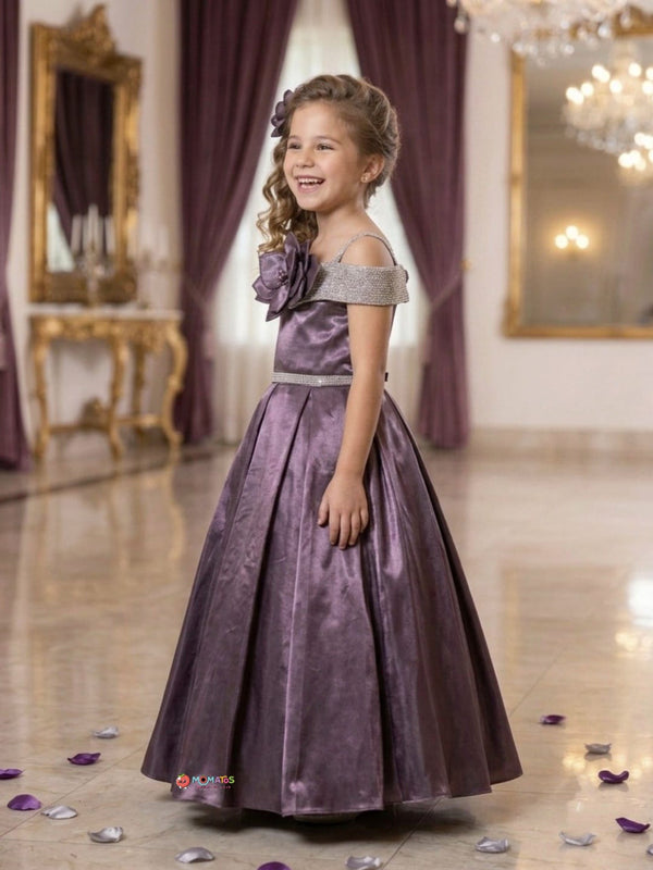 Purple 3D Floral Cold-Shoulder Satin Ball Gown