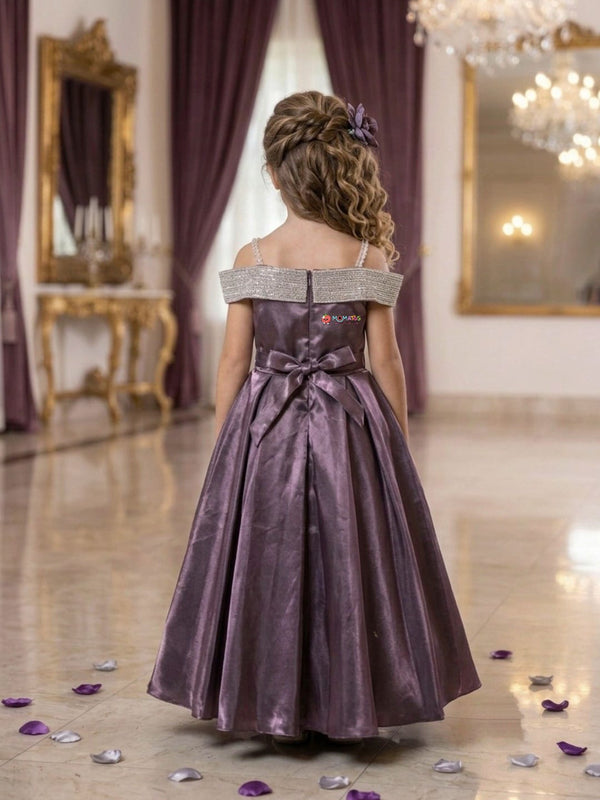 Purple 3D Floral Cold-Shoulder Satin Ball Gown