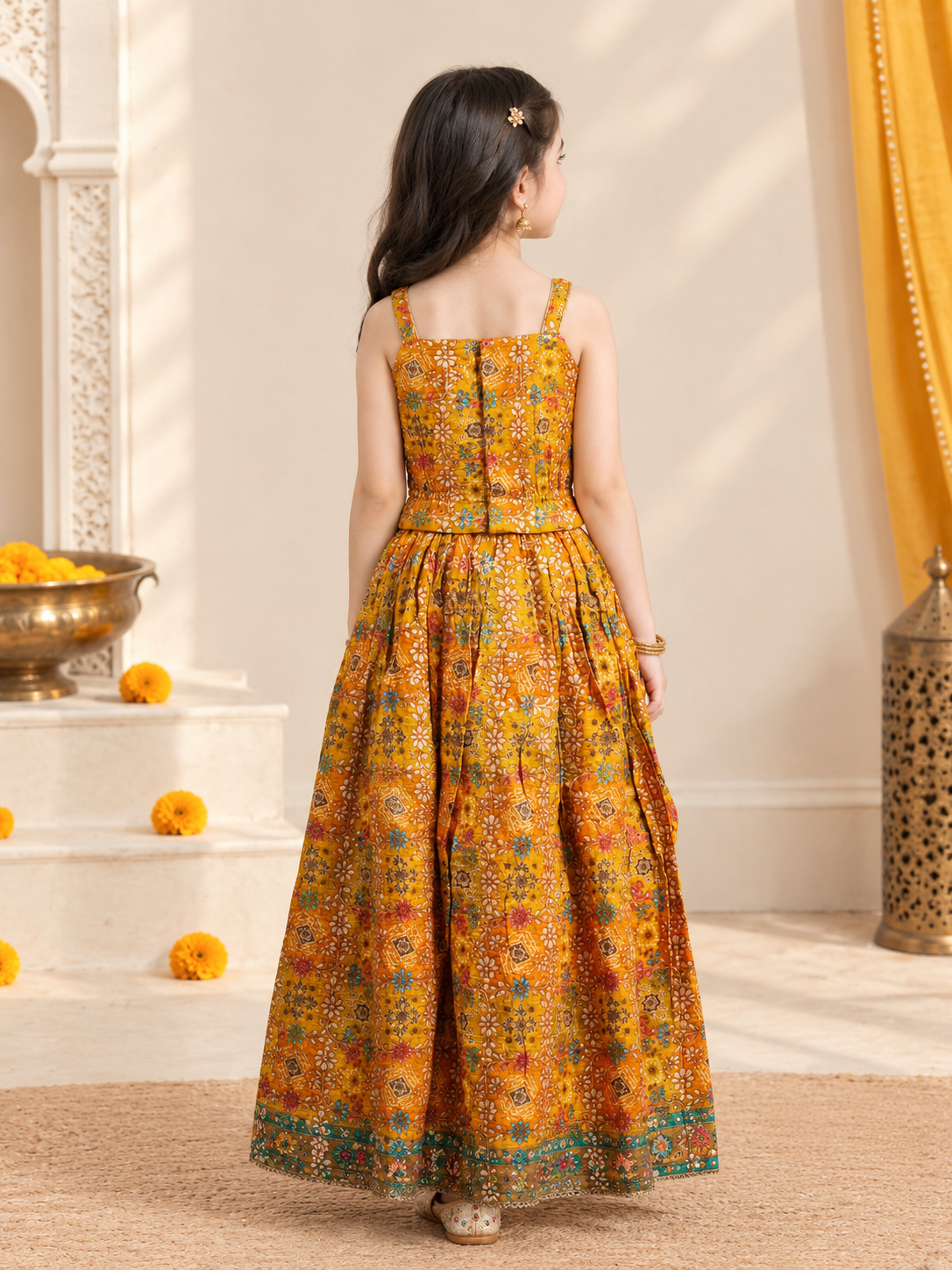 Royal Bandhej Floral Printed Silk Lehenga Choli Set with Gold Latkan