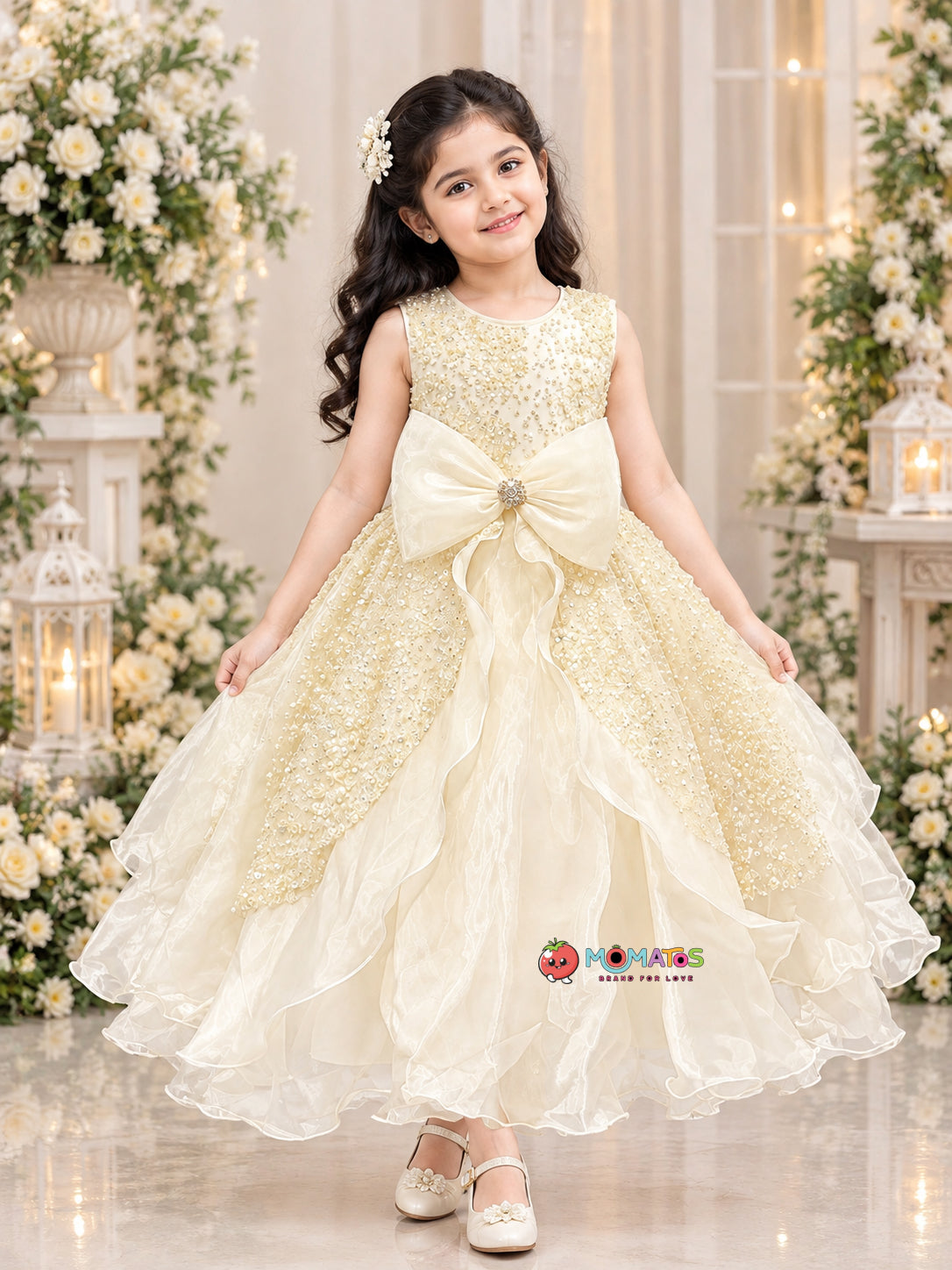 Cream Sequin & Organza Bow Gown Main image