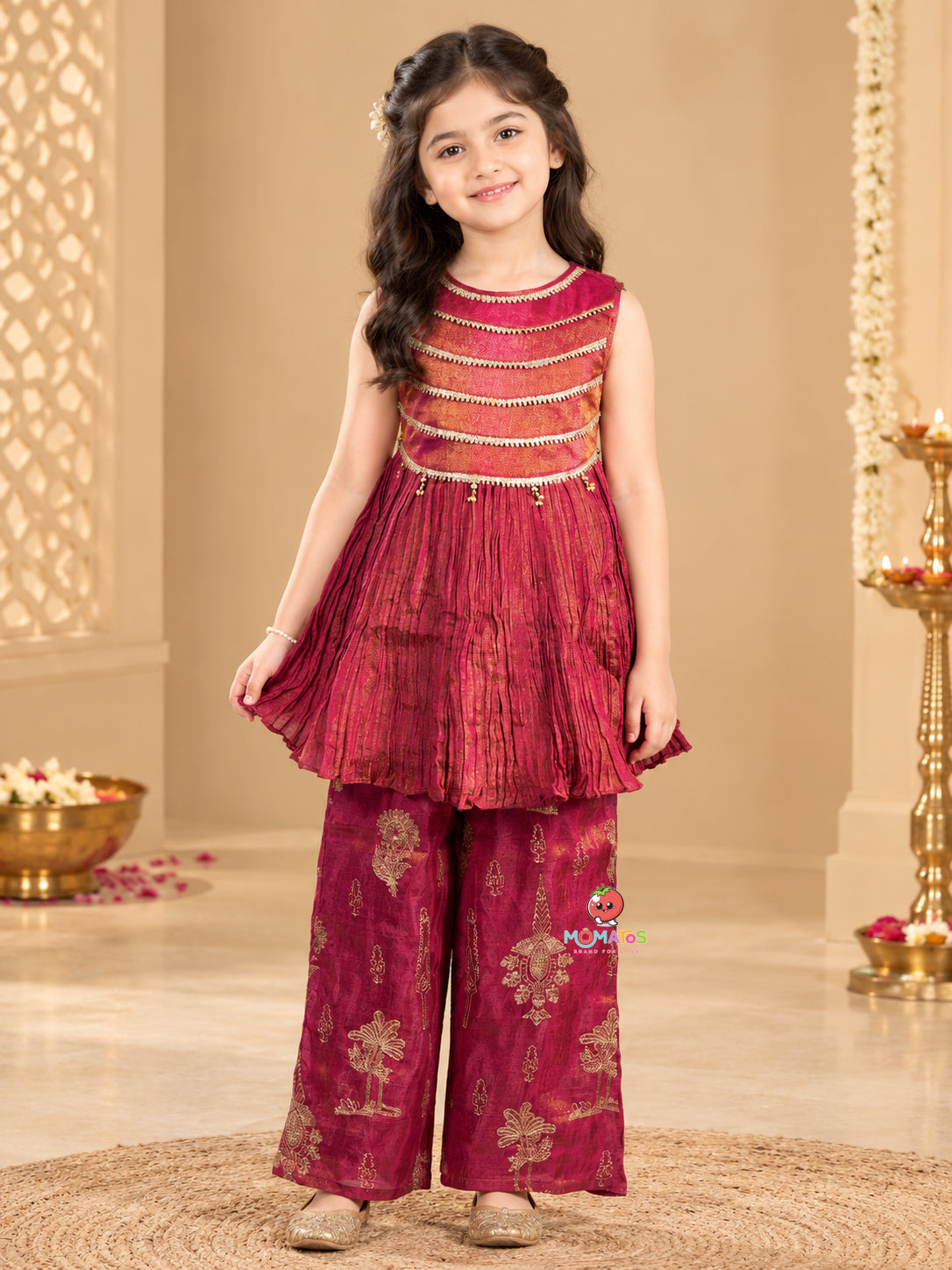 Rani Pink Gota Patti Yoke Peplum Kurti & Foil Printed Palazzo Set Main image