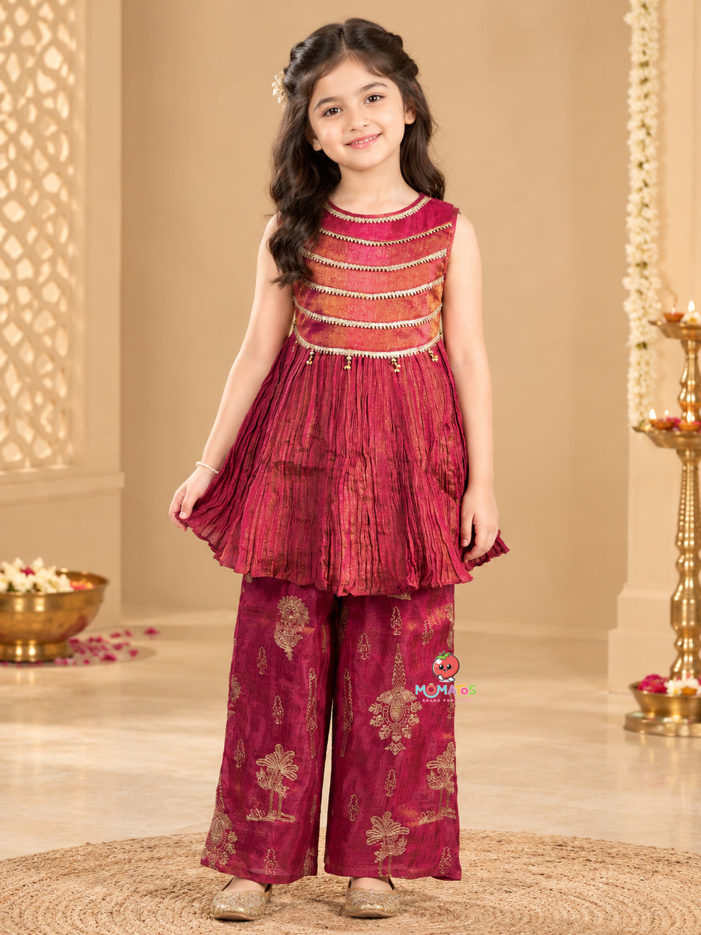 Rani Pink Gota Patti Yoke Peplum Kurti & Foil Printed Palazzo Set