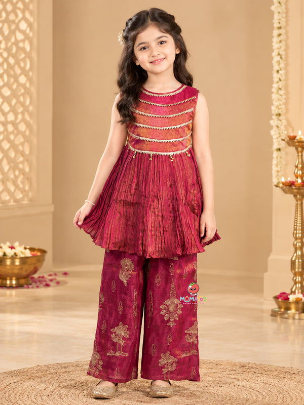 Rani Pink Gota Patti Yoke Peplum Kurti & Foil Printed Palazzo Set