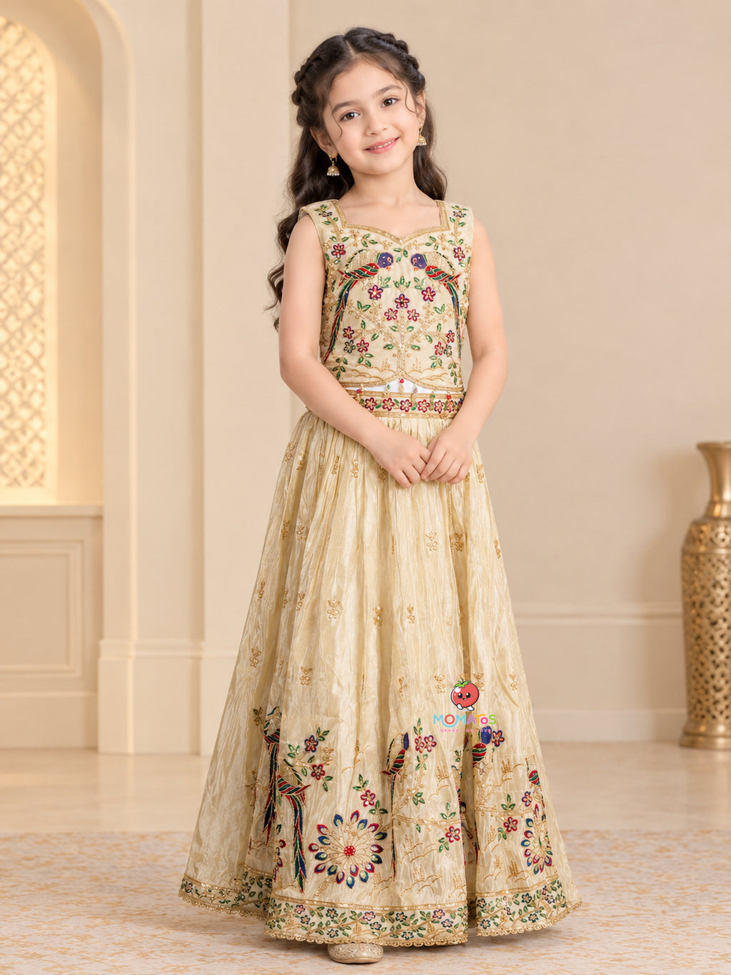 Fawn Peacock & Floral Multi-Color Embroidered Lehenga Choli Set