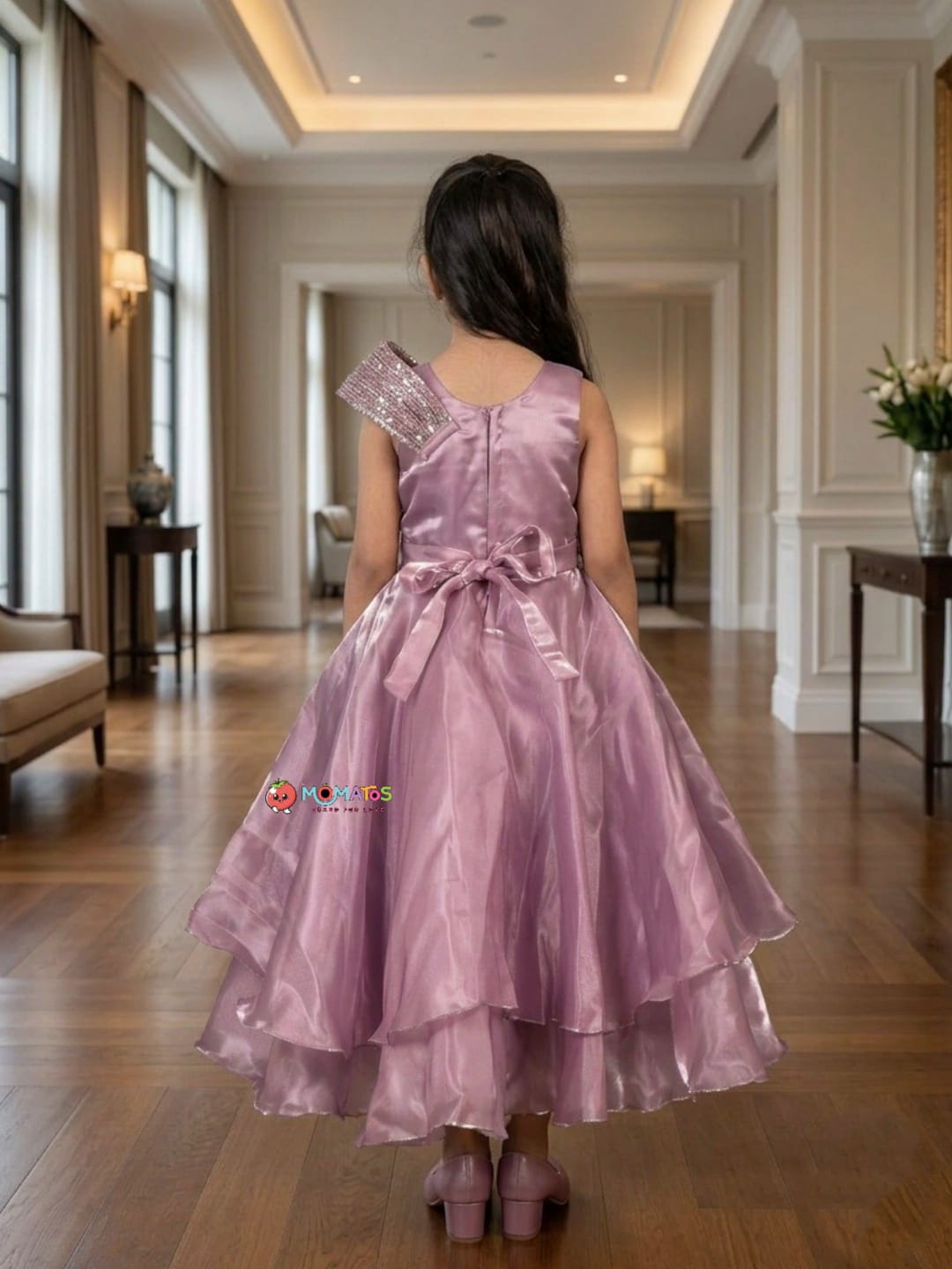 Onion Pink Sequin & 3D Rosette Layered Organza Gown