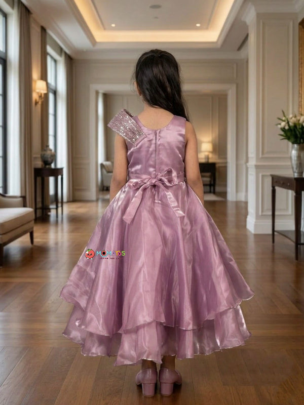 Onion Pink Sequin & 3D Rosette Layered Organza Gown