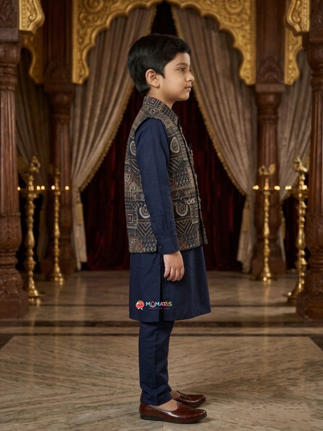 Navy Blue Geometric Embroidered Jacket Kurta Pyjama Set Secondary image