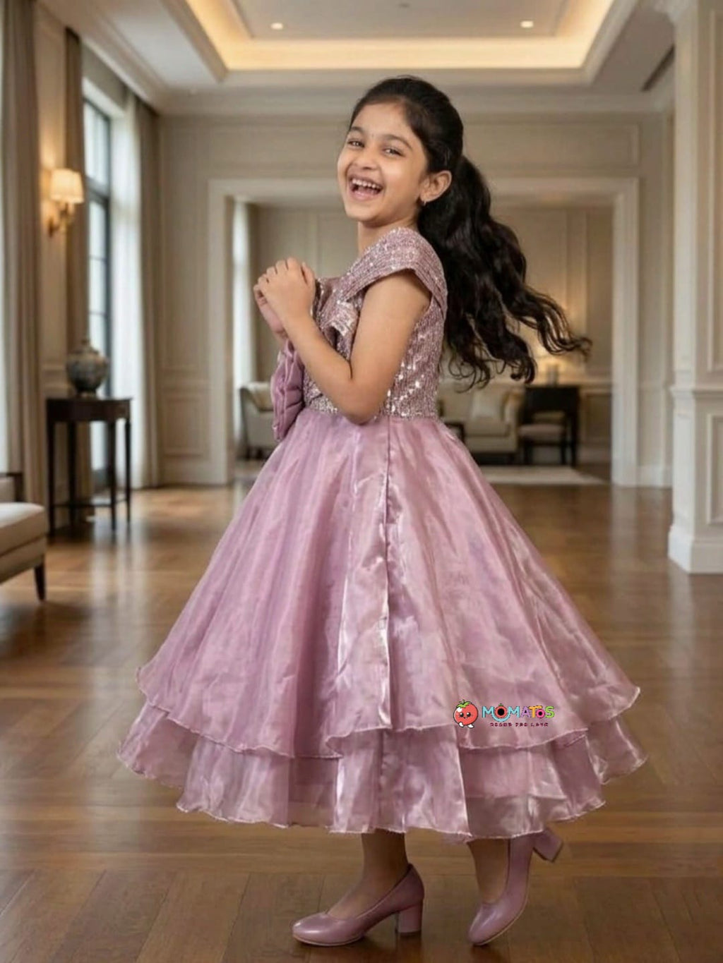 Onion Pink Sequin & 3D Rosette Layered Organza Gown