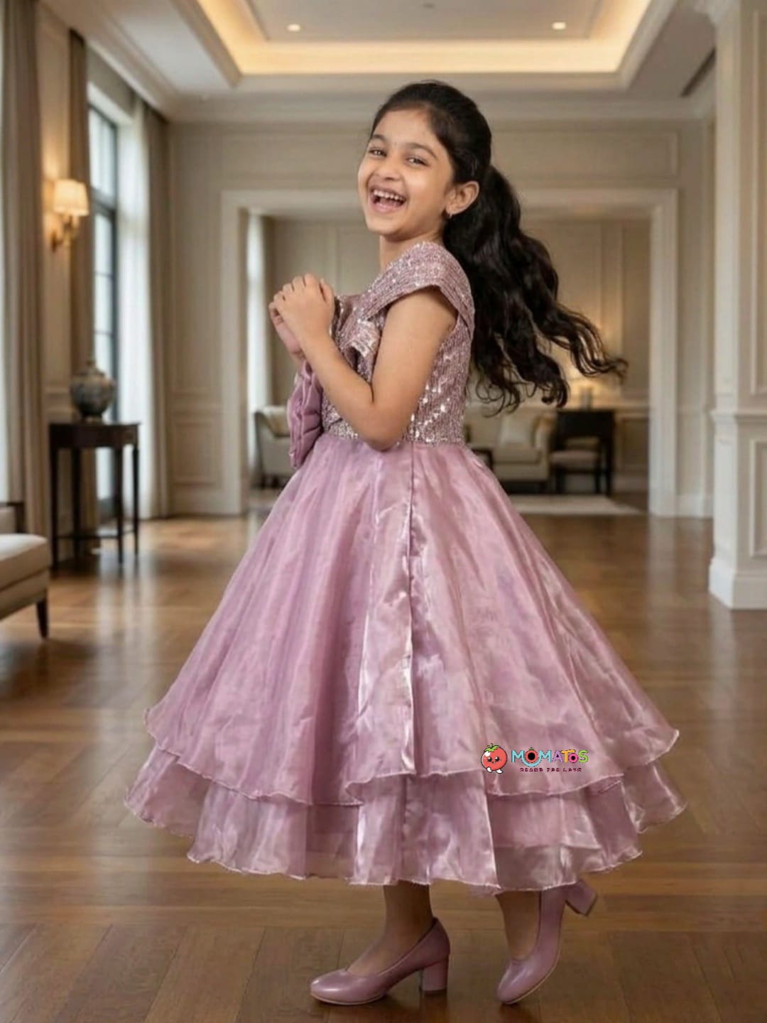 Onion Pink Sequin & 3D Rosette Layered Organza Gown