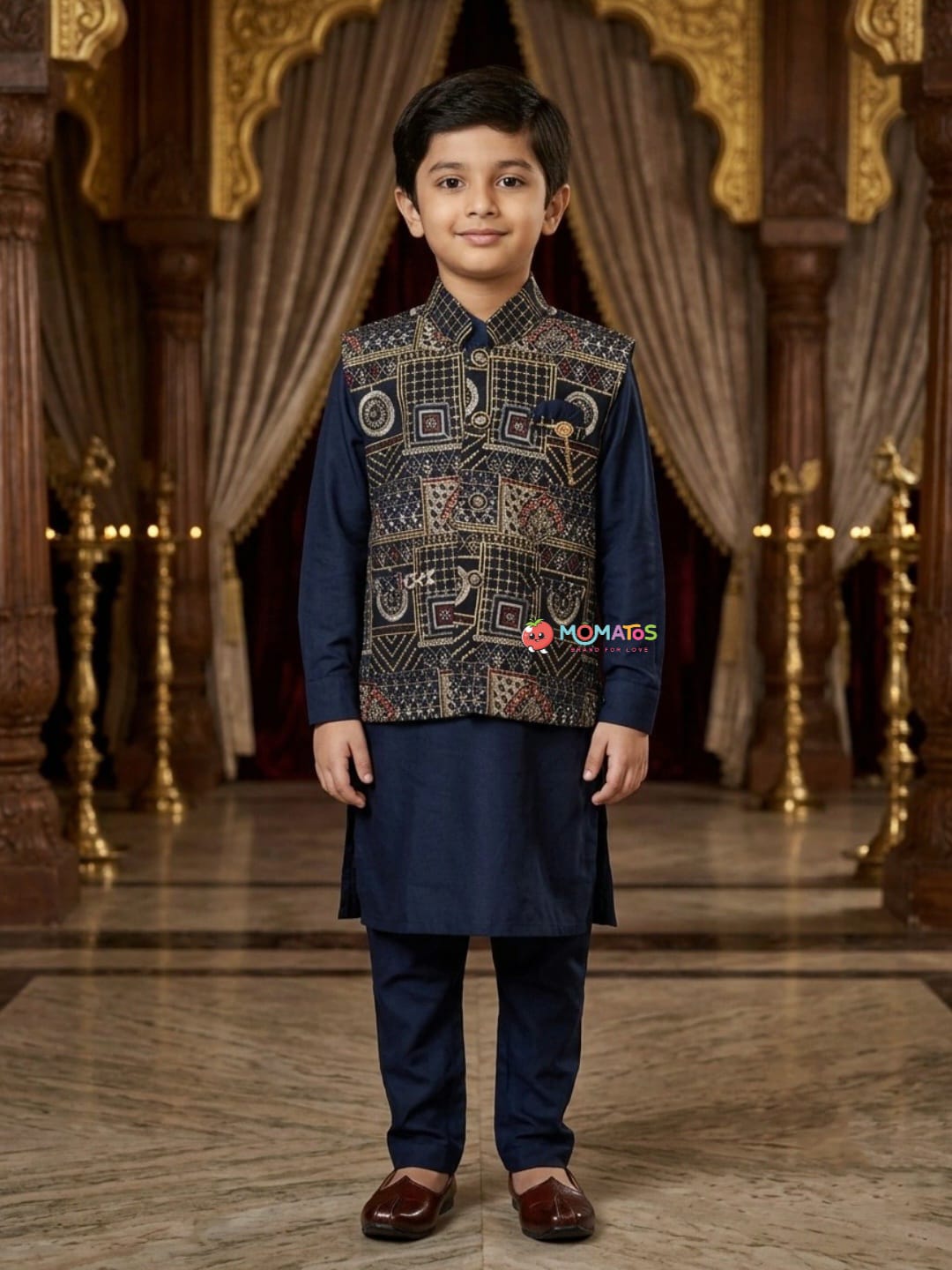 Navy Blue Geometric Embroidered Jacket Kurta Pyjama Set Main image