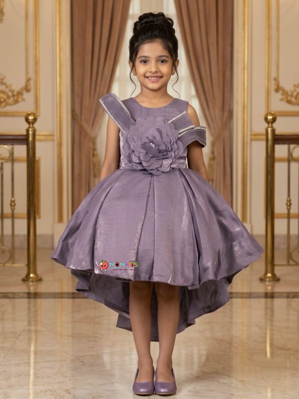 Purple Shimmer 3D Floral High-Low Party Frock