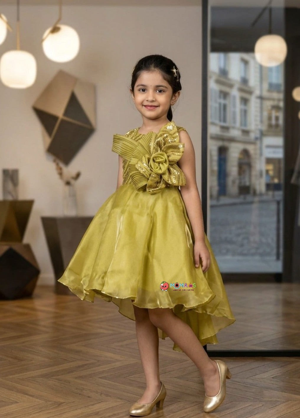 Pista Green Sequin & 3D Floral High-Low Party Frock