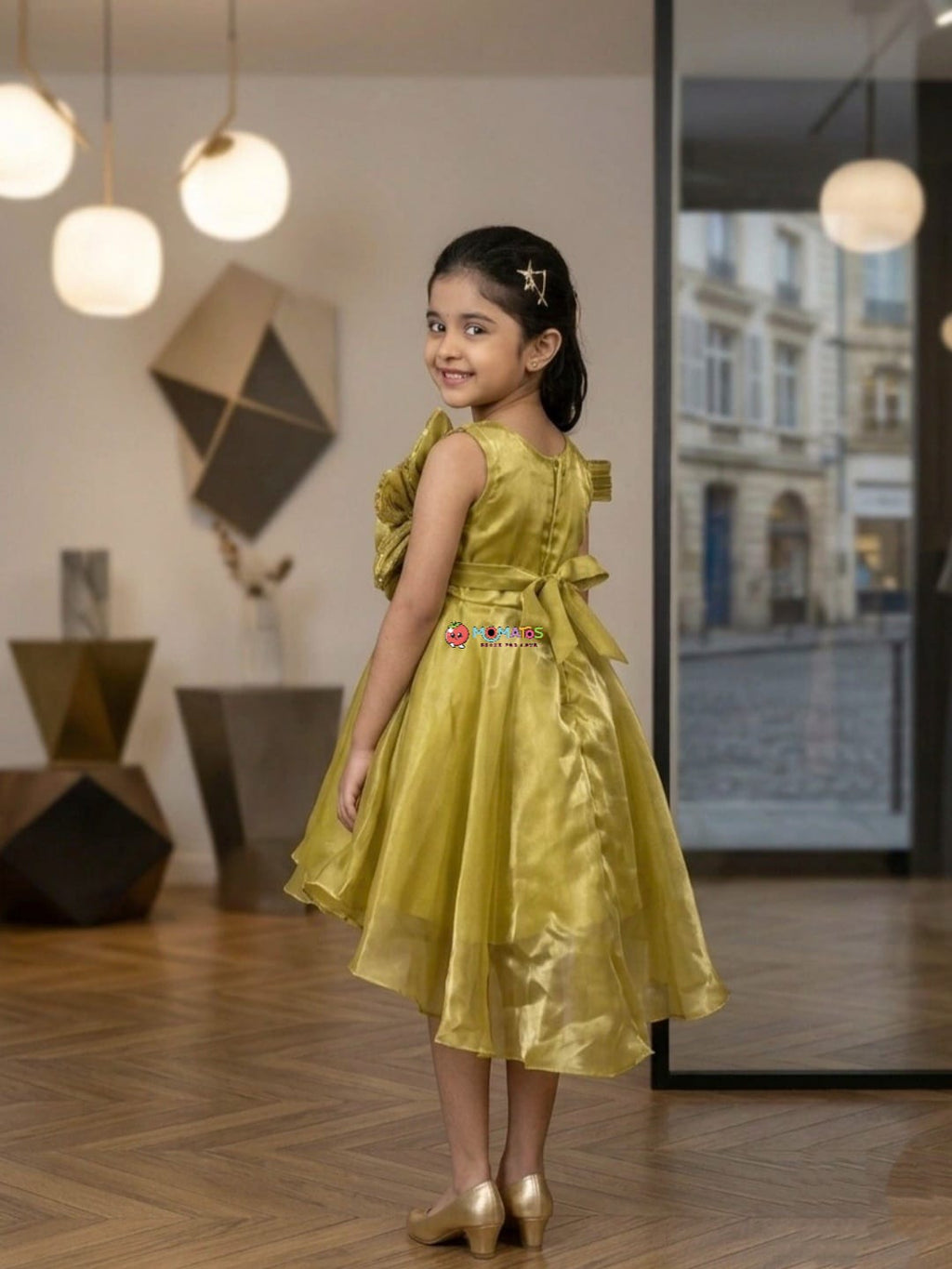 Pista Green Sequin & 3D Floral High-Low Party Frock