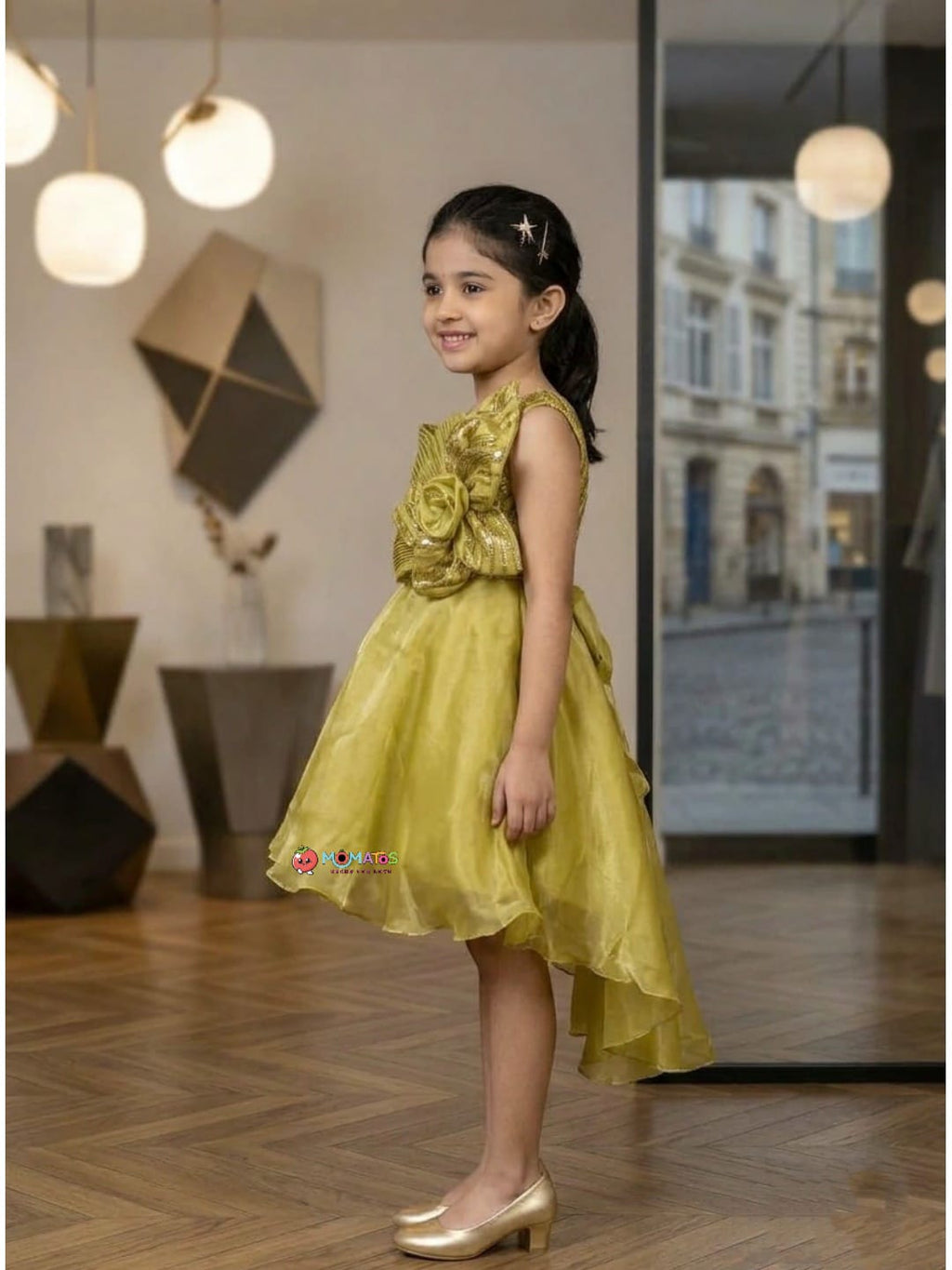 Pista Green Sequin & 3D Floral High-Low Party Frock