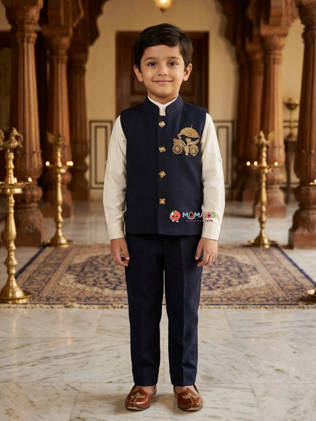 Navy Blue Gold Carriage Embroidered Waistcoat 3-Piece Set Main image