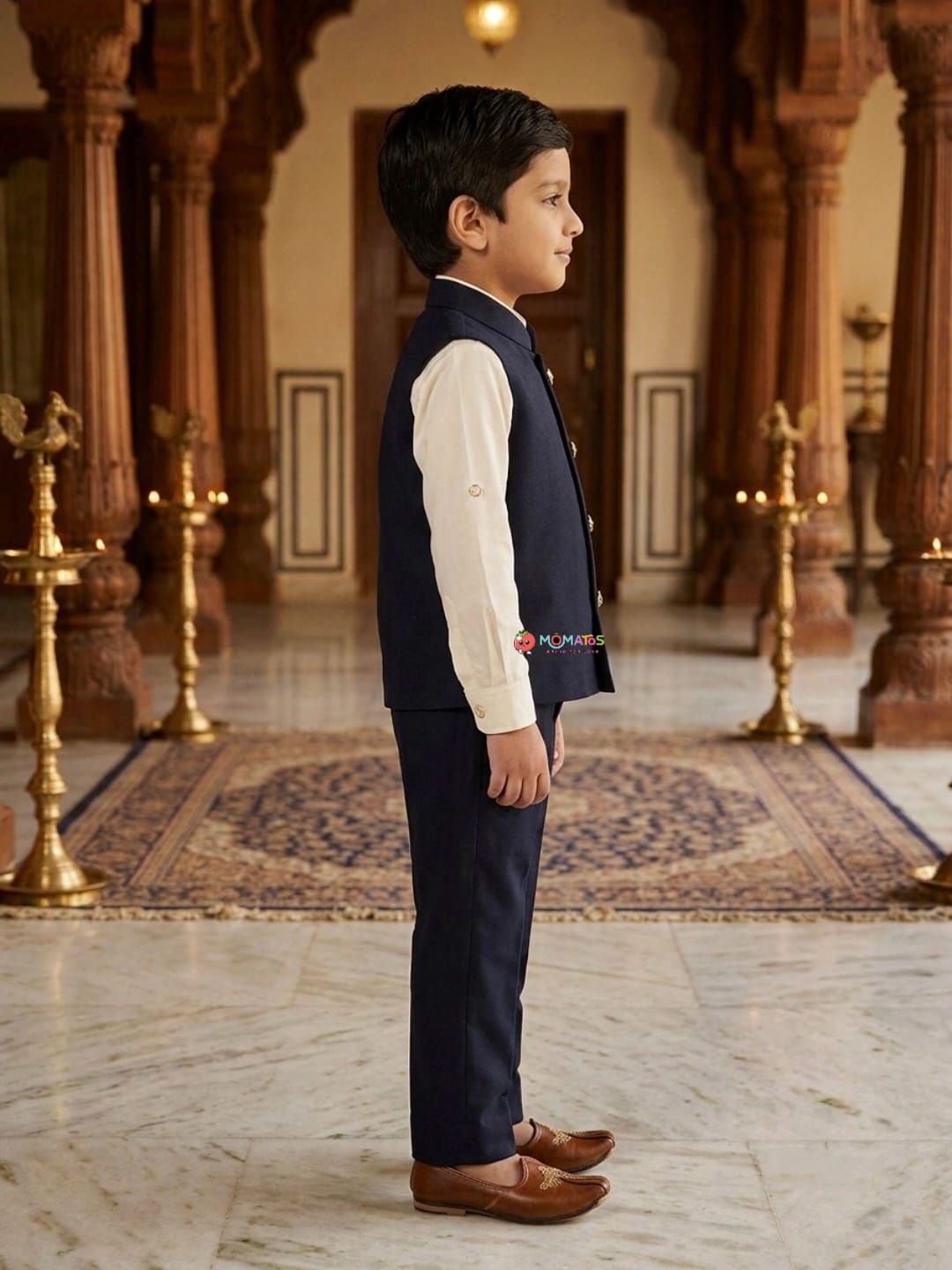Navy Blue Gold Carriage Embroidered Waistcoat 3-Piece Set