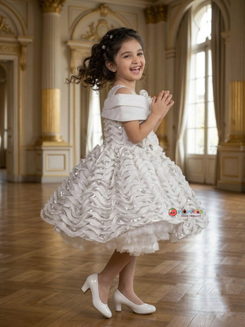 Pristine White Sequin Wave Layered Party Frock