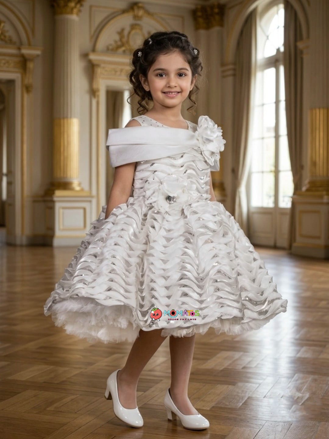 Pristine White Sequin Wave Layered Party Frock Main image