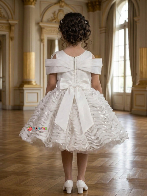 Pristine White Sequin Wave Layered Party Frock