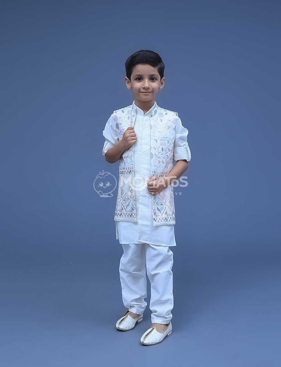Cream 3pc Kurta Payjama For Boy
 Main image