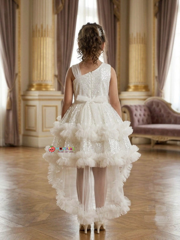 White Sequin & Butterfly Bow Tiered High-Low Frock