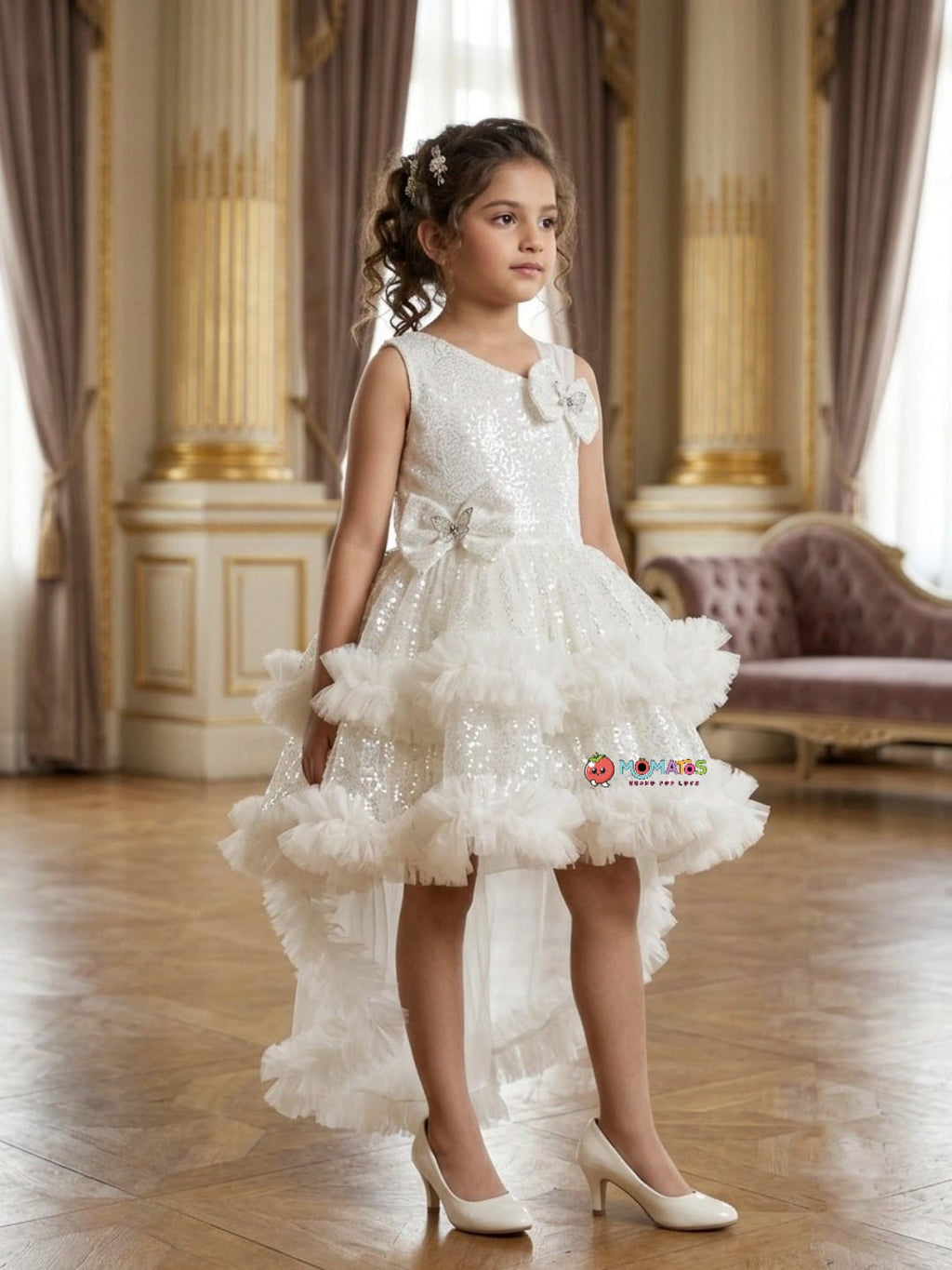 White Sequin & Butterfly Bow Tiered High-Low Frock