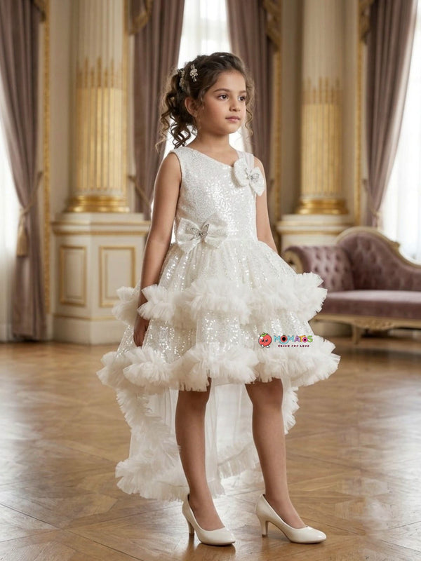 White Sequin & Butterfly Bow Tiered High-Low Frock