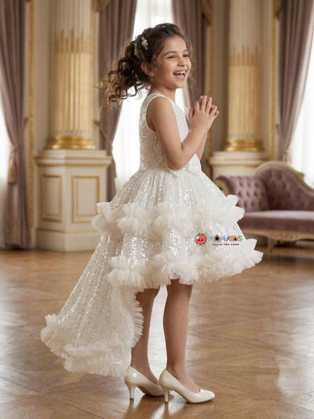 White Sequin & Butterfly Bow Tiered High-Low Frock Secondary image