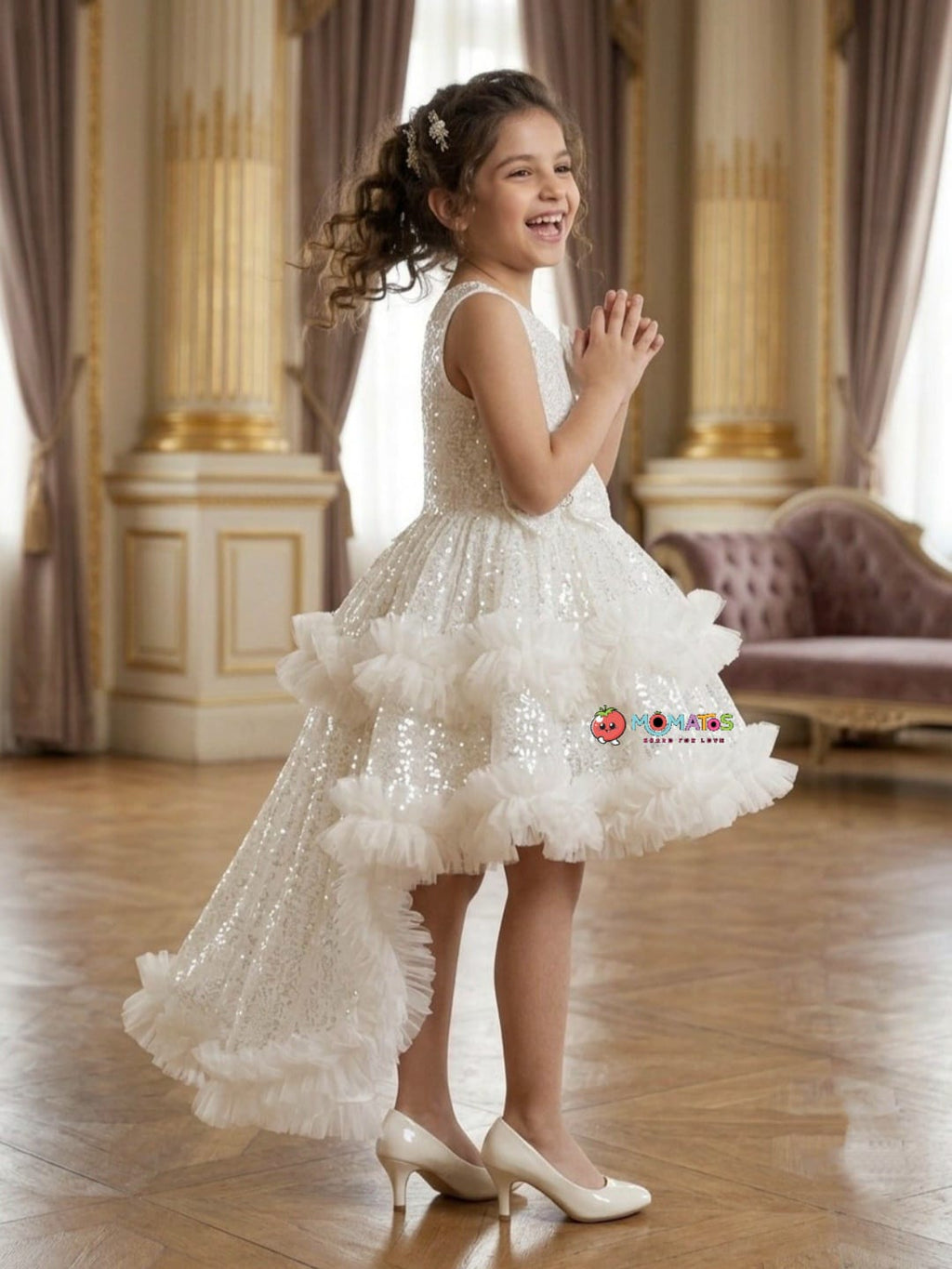 White Sequin & Butterfly Bow Tiered High-Low Frock