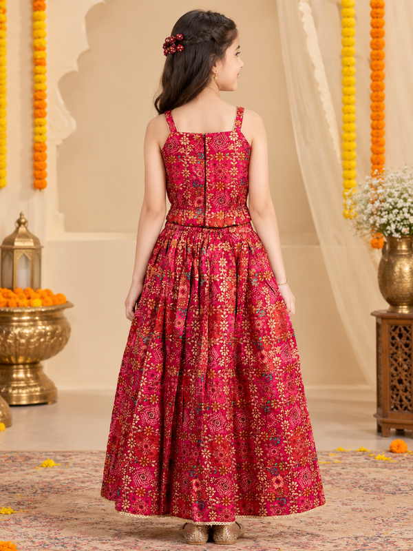 Royal Bandhej Floral Printed Silk Lehenga Choli Set with Gold Latkan