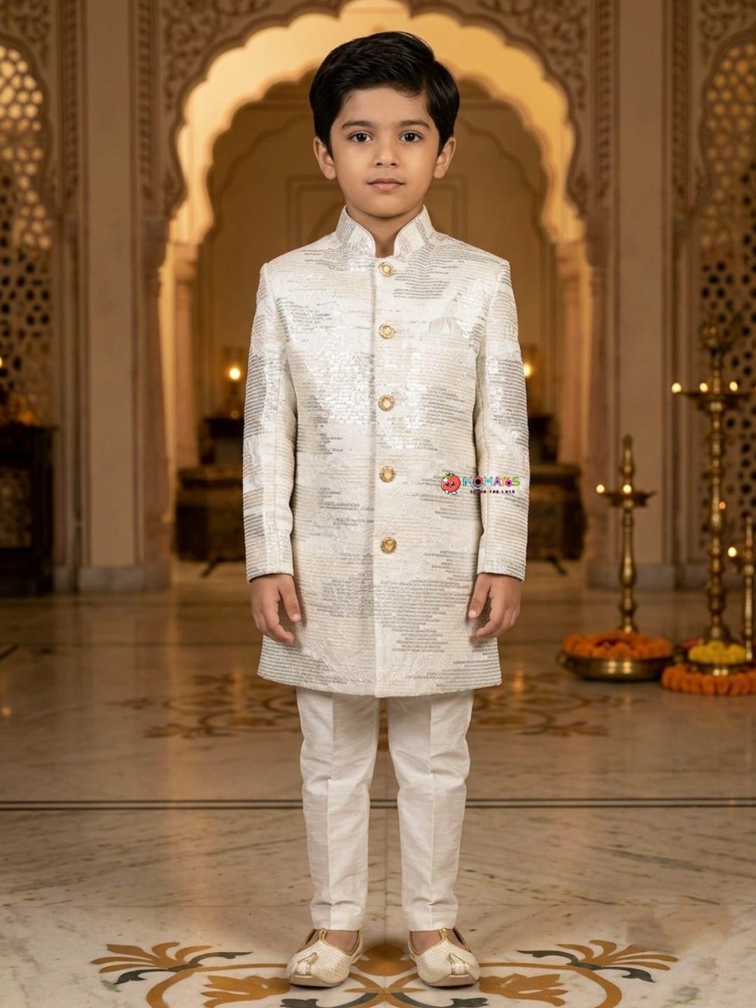 Peach Gold Textured Sequinned Indo-Western Sherwani Set Main image