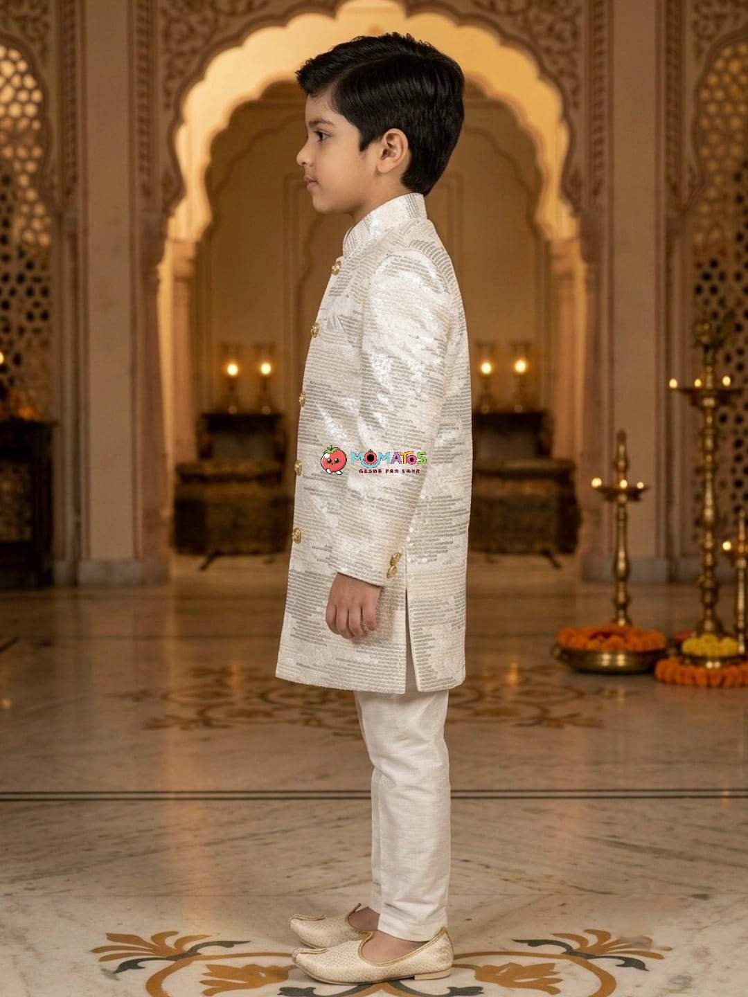 Peach Gold Textured Sequinned Indo-Western Sherwani Set Secondary image