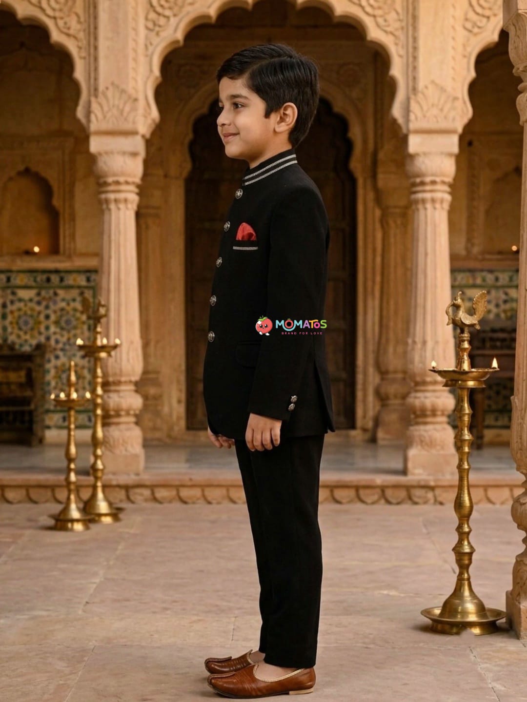 Royal Black Embellished Collar Jodhpuri Set with Red Pocket Square Secondary image