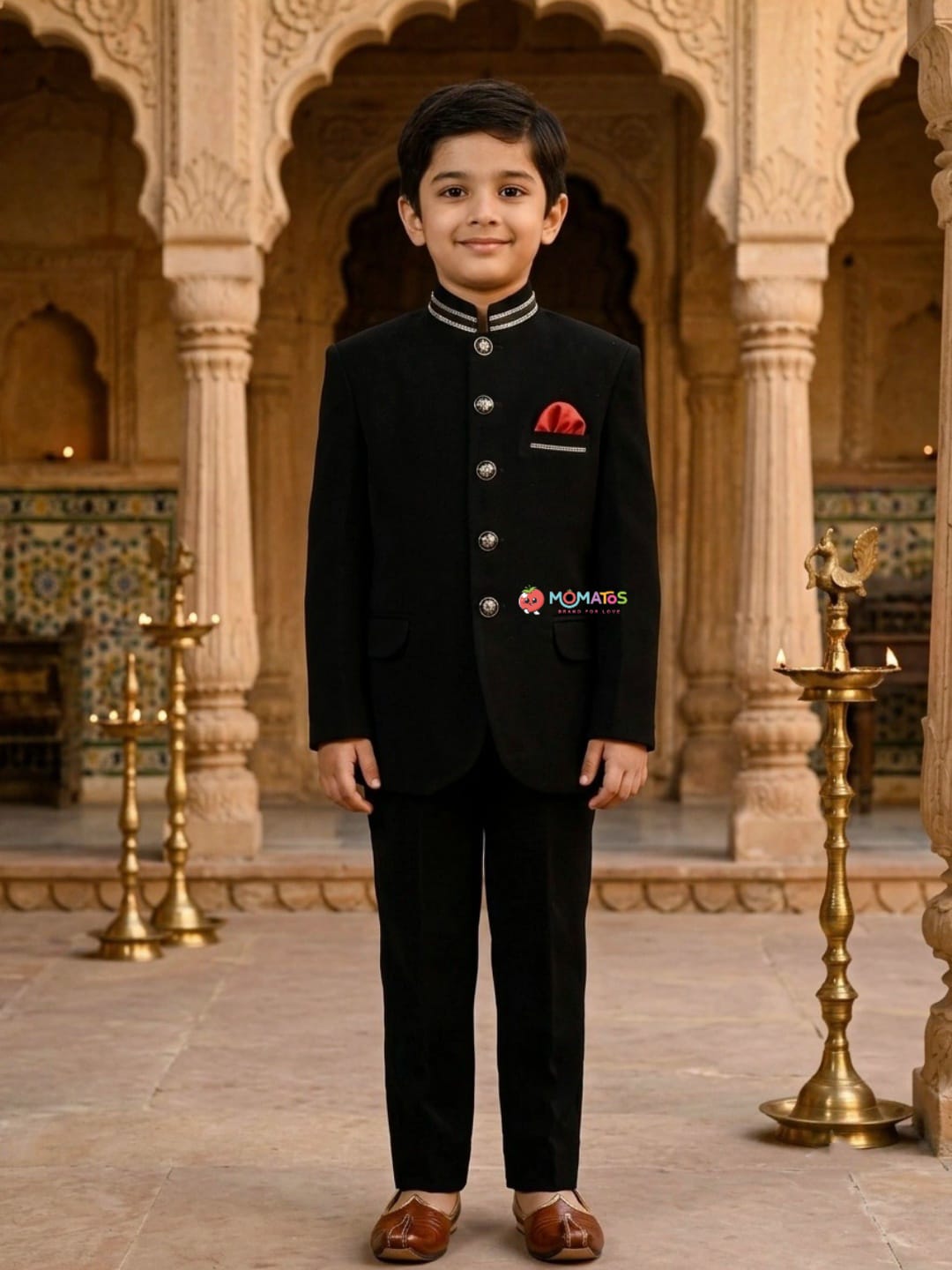 Royal Black Embellished Collar Jodhpuri Set with Red Pocket Square Main image