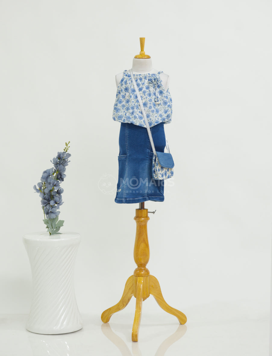 Stylish Blue Floral Top with Denim Skirt Main image