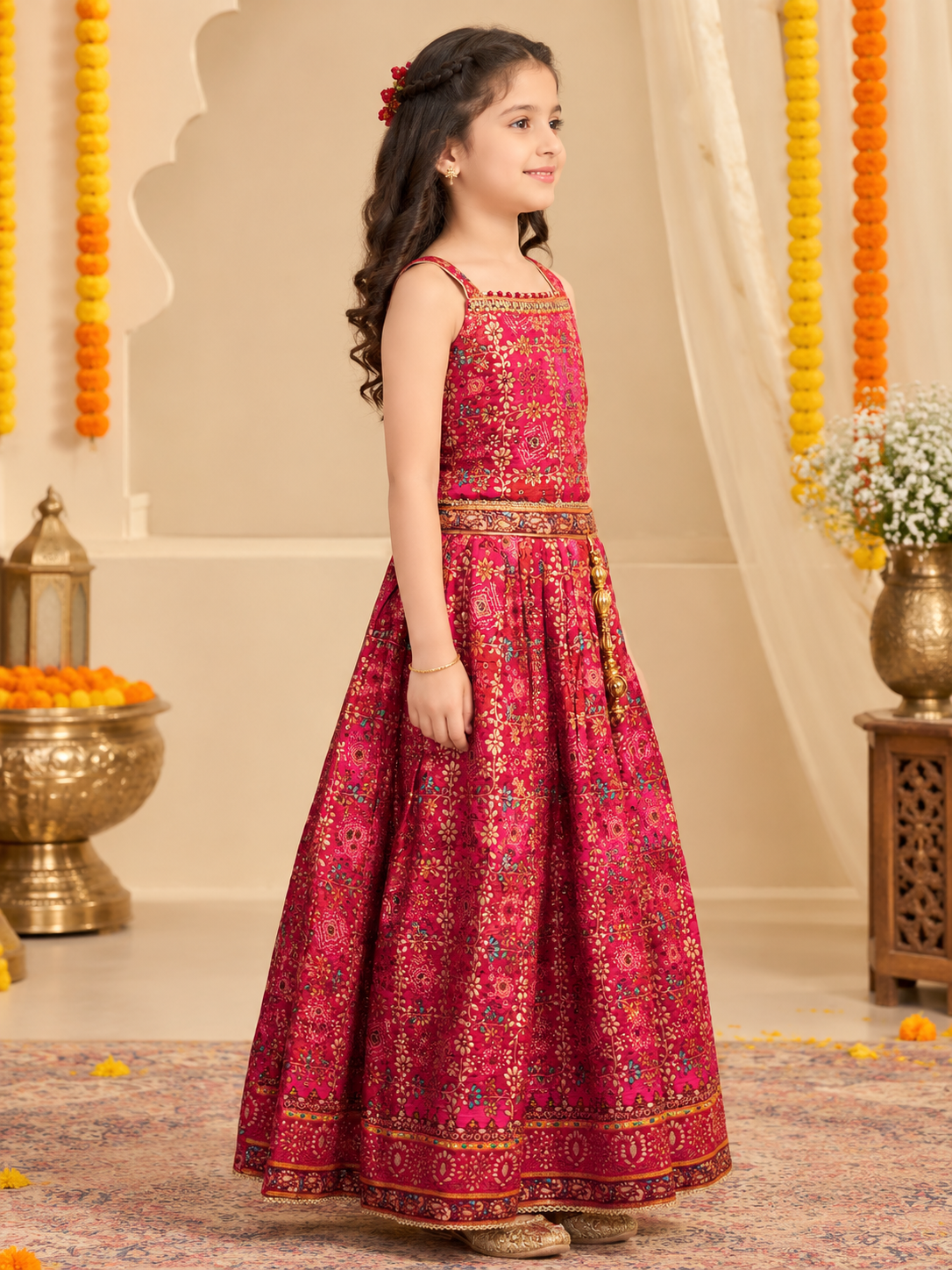 Royal Bandhej Floral Printed Silk Lehenga Choli Set with Gold Latkan