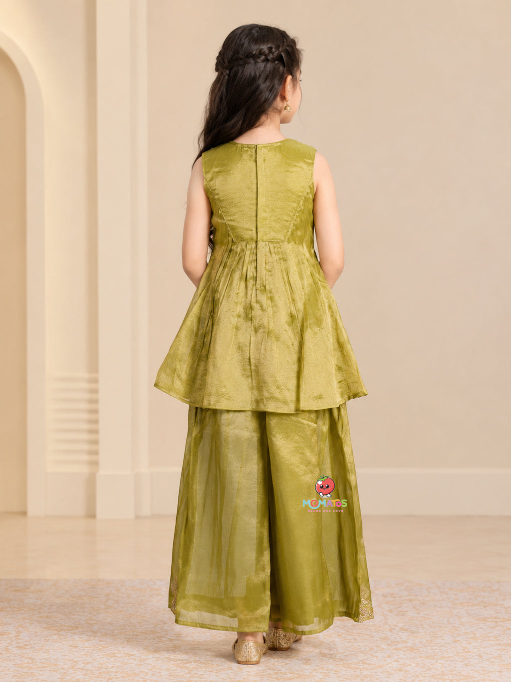 Pista Green Zari Embroidered Yoke Peplum & Sharara Set