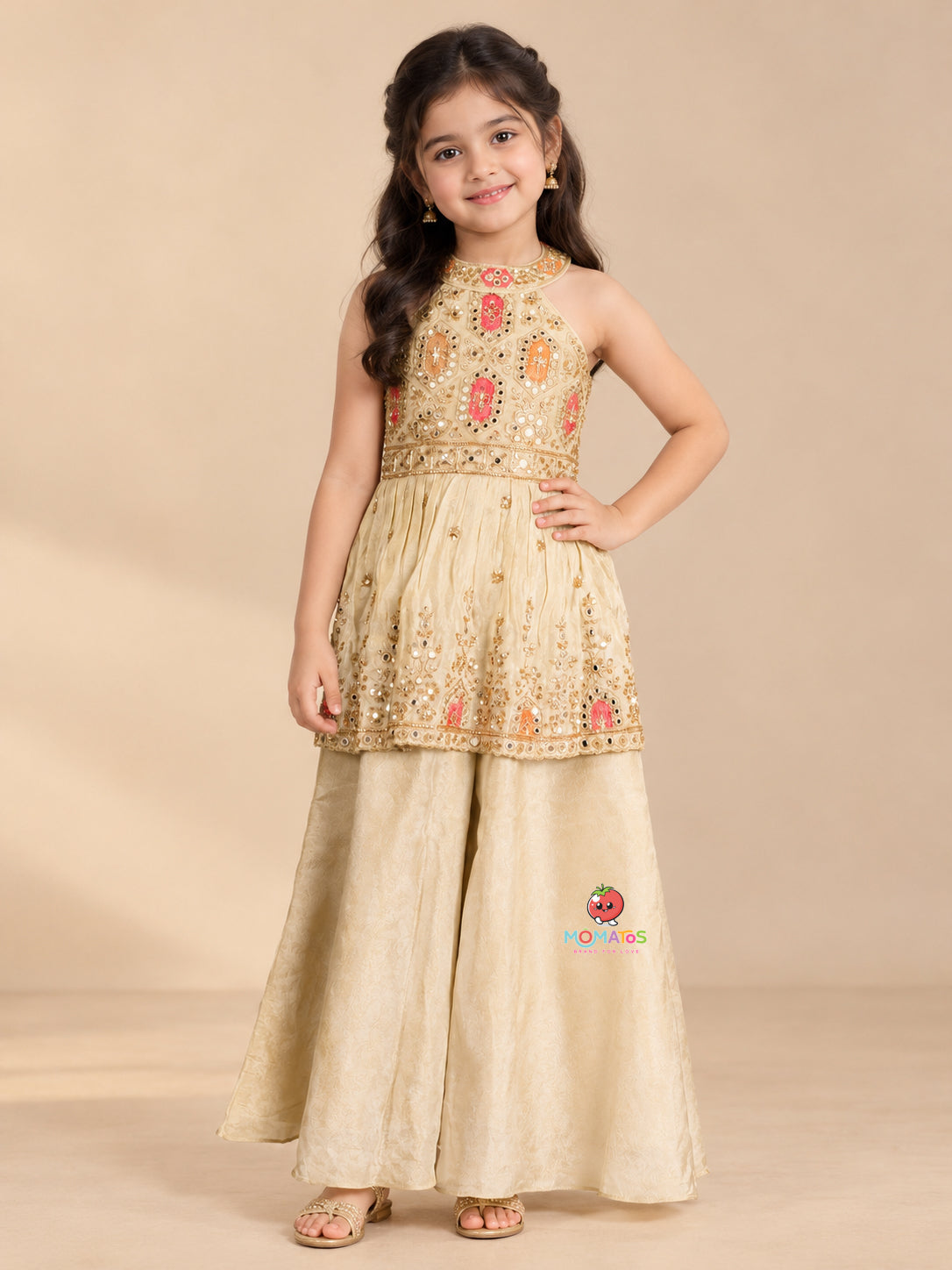 Fawn Mirror & Multi-Color Embroidered Halter Peplum Sharara Set