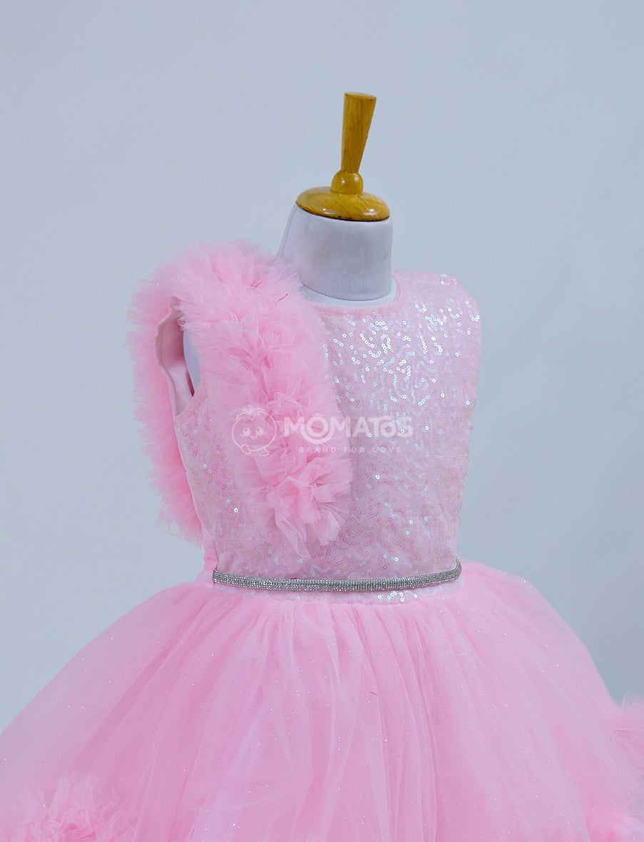 A Sparkling Pink Frock with Floral Detailing