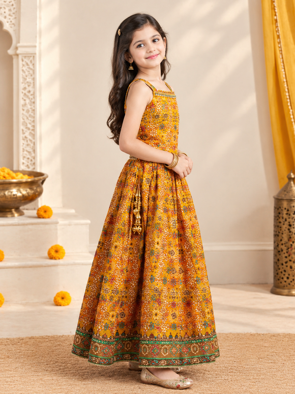 Royal Bandhej Floral Printed Silk Lehenga Choli Set with Gold Latkan