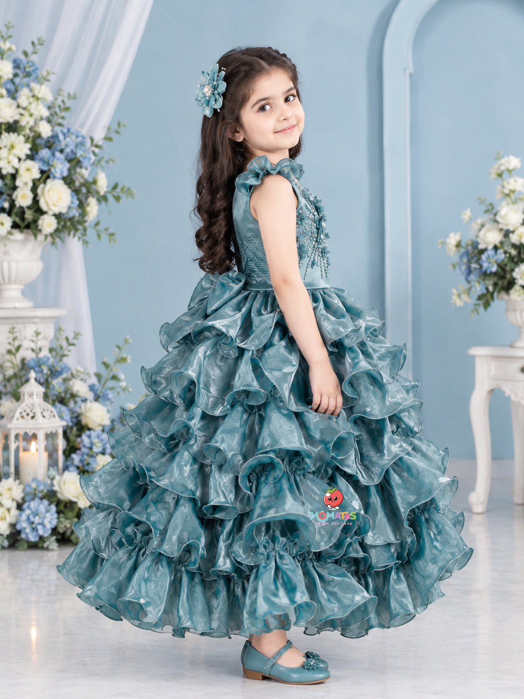Royal Sky Blue 3D Floral Bodice Multi-Tiered Ruffle Ball Gown